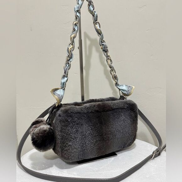 Gray Real Sheared Beaver Fur Handmade Double Zip Pillow Shoulder Bag/ Crossbody - Picture 1 of 16